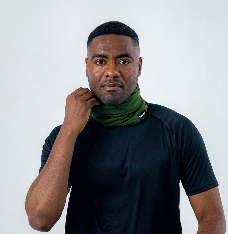 Army green neck gaiter worn loose around the neck